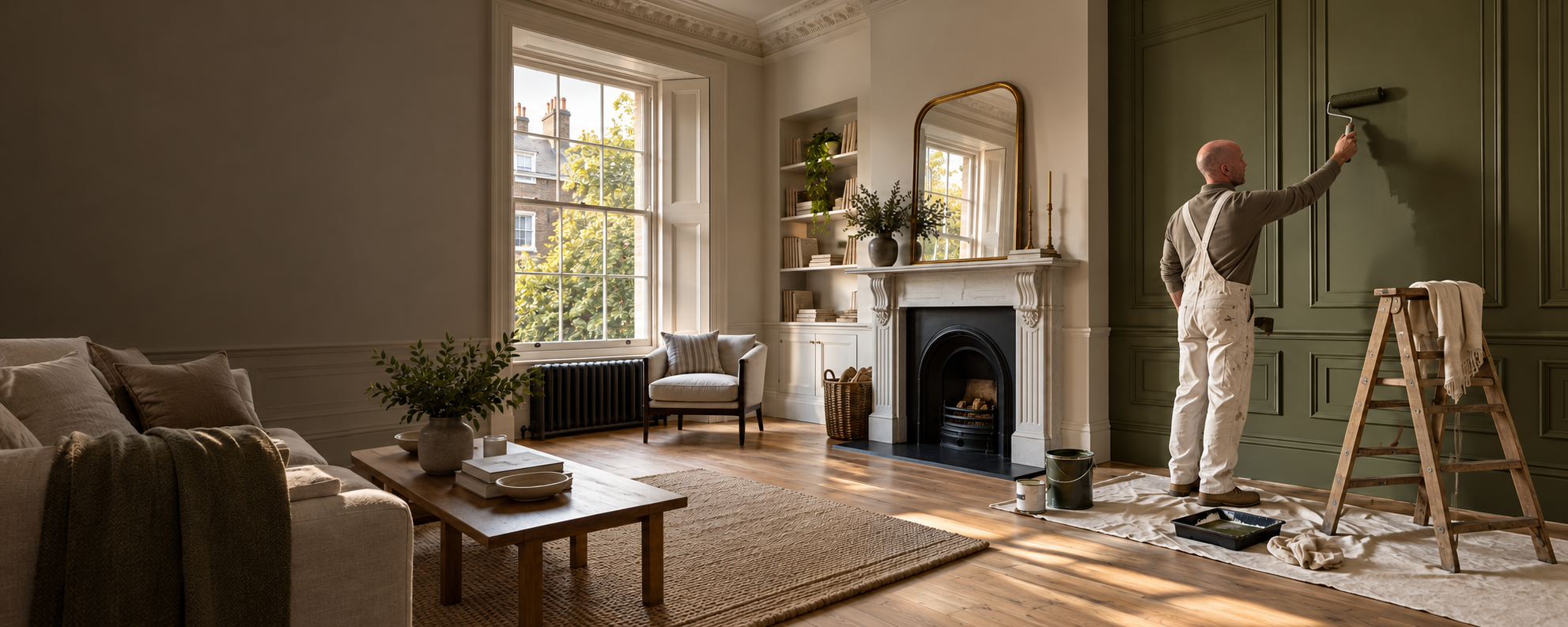 Decorator painting an olive green panelled wall in a renovated period home